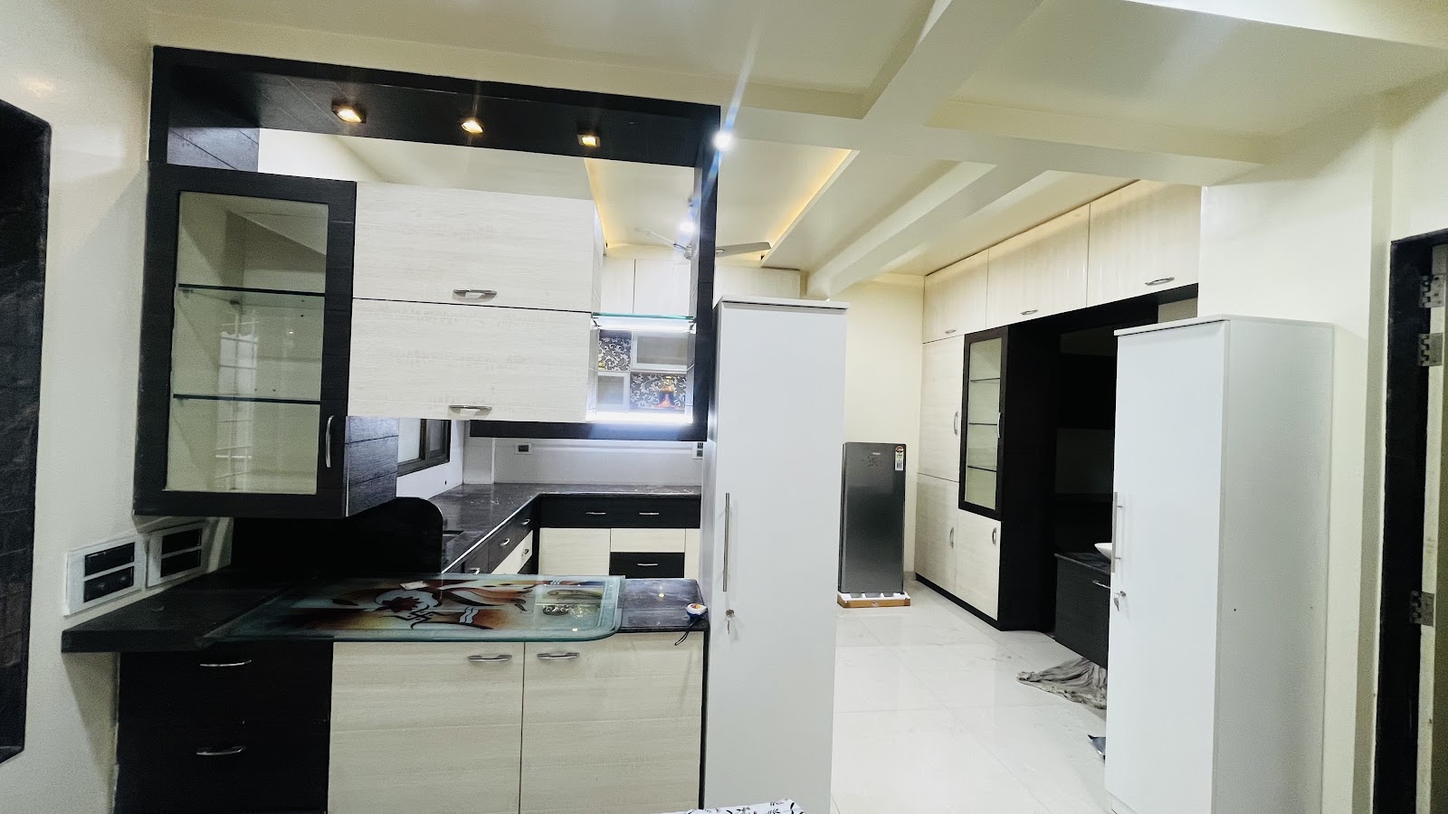 Luxury Modular Kitchen with Granite Countertops & Refrigerator